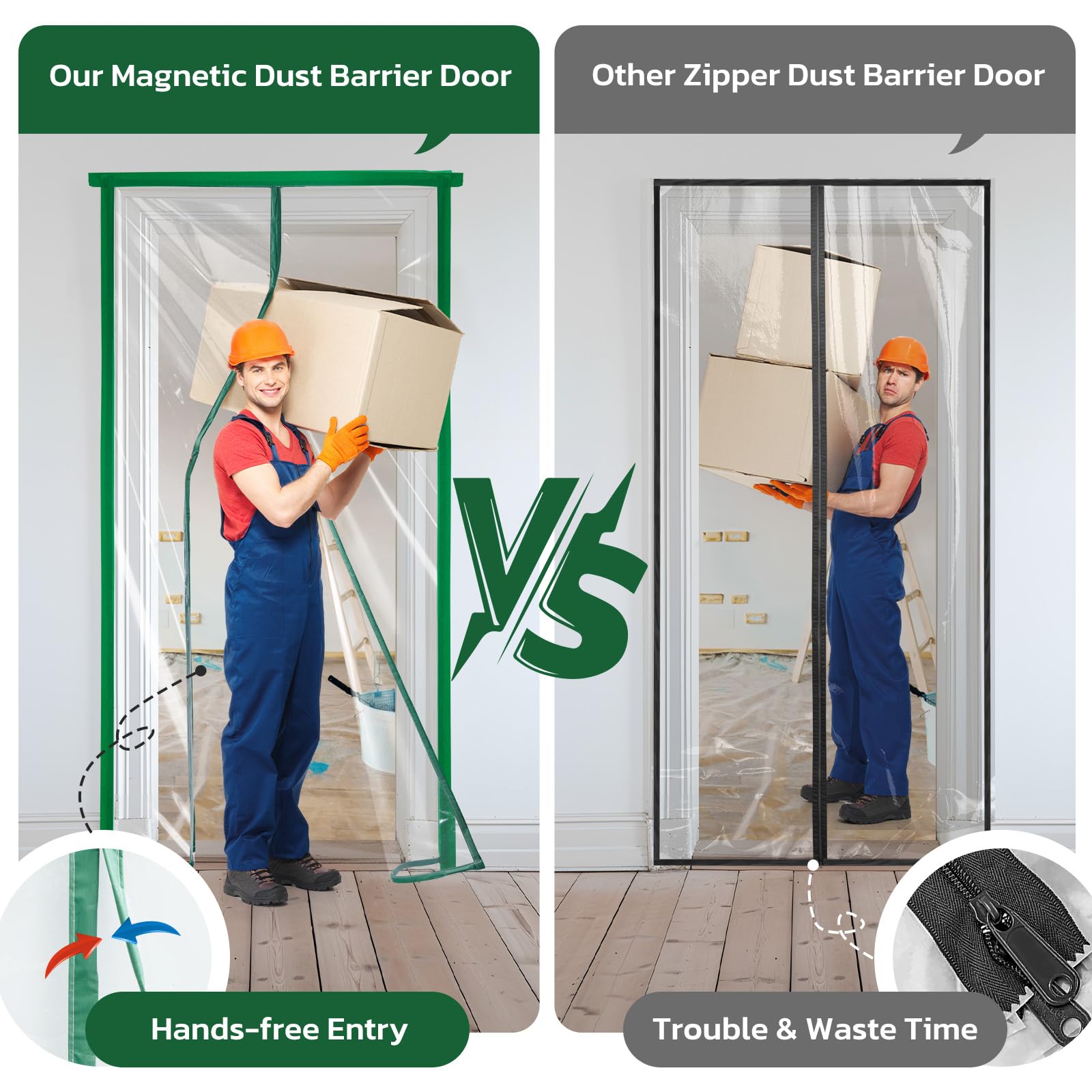 Dust Barrier - Plastic Zipper Door Dust Protection Kit - Construction Door Cover with Zipper Magnect for Room Remodel, Fit Standard Doorway 4'W x 7.5'H (4' x 7.5')