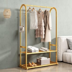 BUZUEY Gold clothing rack,Heavy duty clothes rack,Small clothing racks for hanging clothes,Wardrobe Rack,rack for clothes to hang,garment rack with bottom shelves,hanging racks for clothes(L:31.5in)