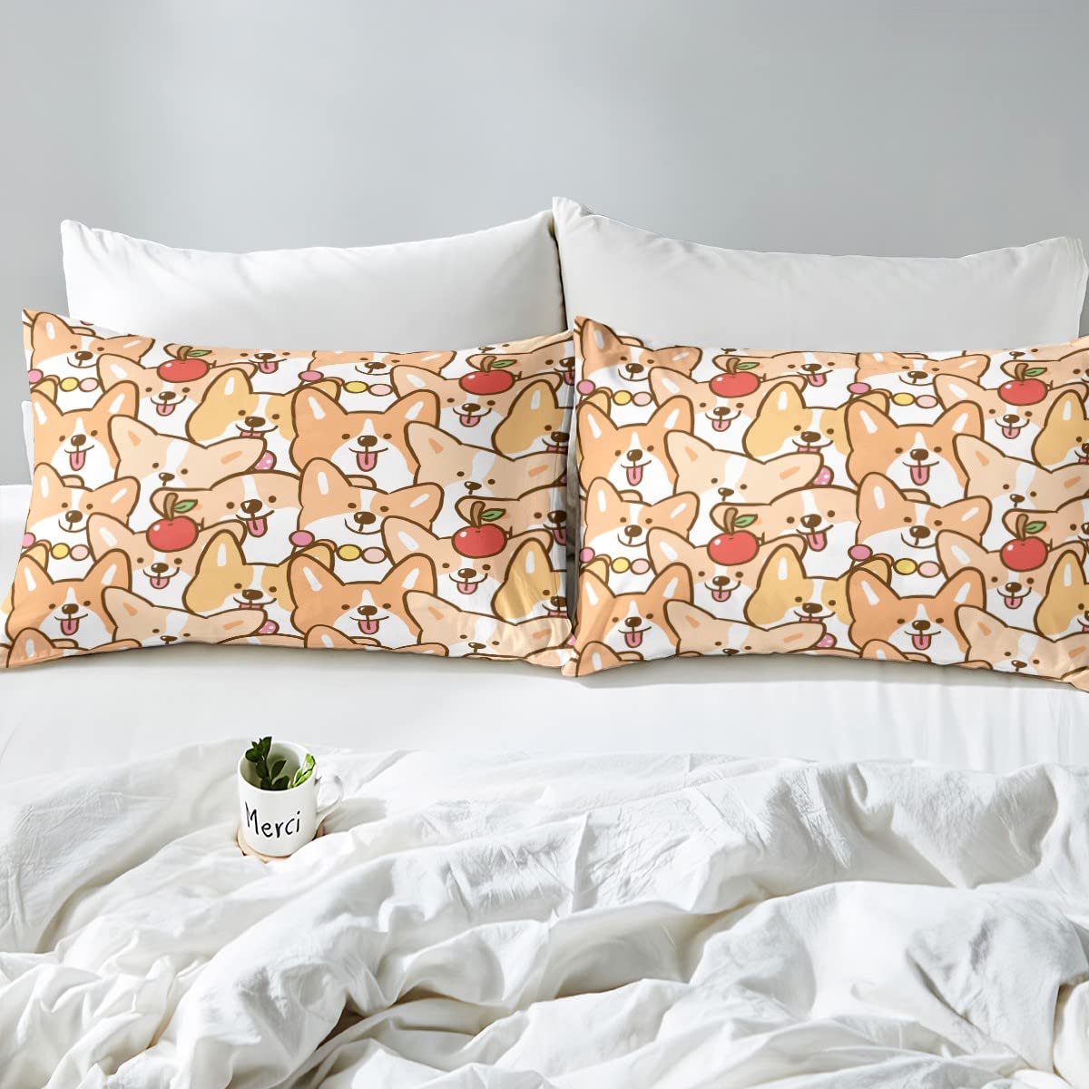 Erosebridal Kawaii Corgi Dog Bed Sheet Cute Puppy Animals Pattern 4 Piece Bed Sheets for Kids Teens Boys Girls, Cartoon Apple Decor Sheet Set Happy Pet Dog Sheets for Dog Lover, Full Size