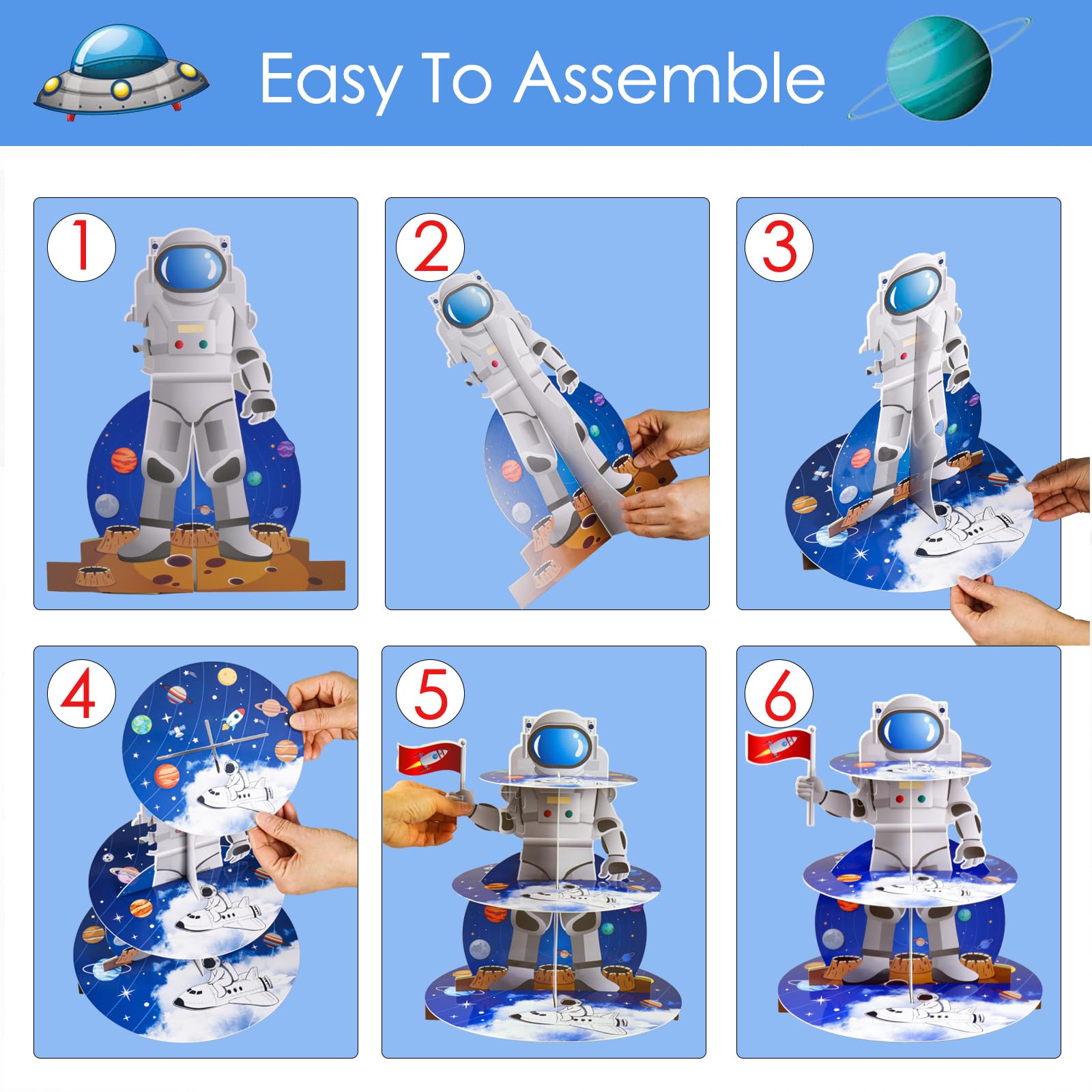 Airduan Space Astronaut Cupcake Stand Space Themed Birthday Party Decorations 3-Tier Cardboard Cupcake Holder stand Galaxy Style Dessert Tower Display for Party Supplies