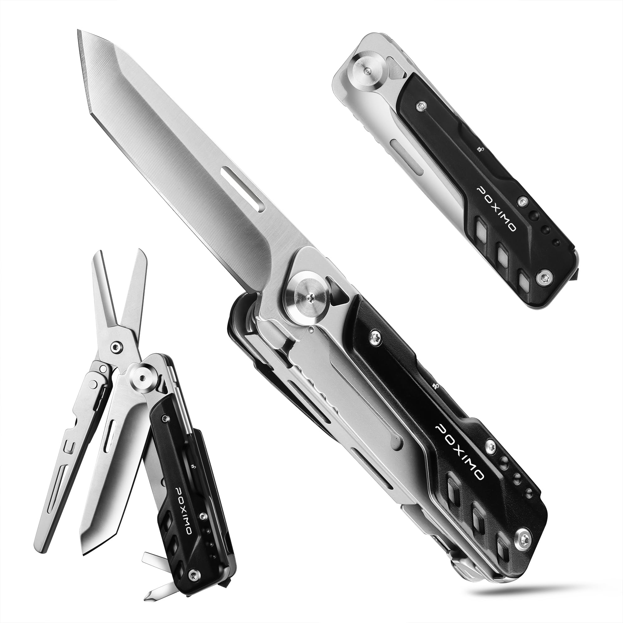 POXIMO Pocket Knife, Gifts for Men Dad Him Heavy Duty Folding Knife, Stocking Stuffers 5-IN-1 Multitool Kits for Father, Tactical Gear for Camping Hiking Surviving, Valentine's Day Christmas Gifts