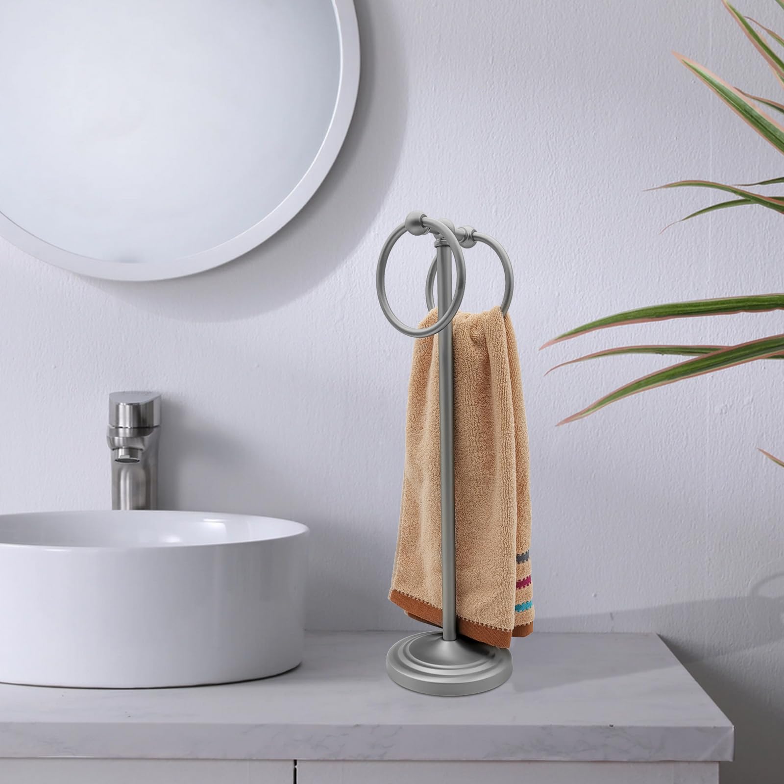 Hand Towel Holder 19'' Tall Hand Towel Rack Double Hand Towel Rings Hand Towel Stand for Bathroom Kitchen Counter to Hang Full-Size Hand Towel, Dish Towel, Tea Towel, Face Towel, Hair Towel (Silver)