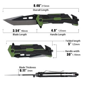 Augenweide EDC Folding Pocket Knife for men with Liner Lock - Utility Sharp Camping Knives with Clip, Seatbelt Cutter, Glass Breaker Multi Tool Knife for Outdoor Emergencies (Green)