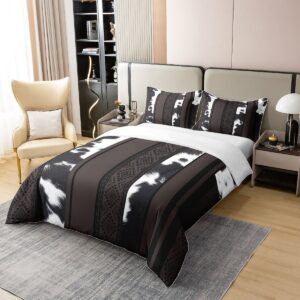 Manfei Cowhide Print 100% Nature Cotton Duvet Cover Queen Size,Farmhouse Animals Cow Skin Print Super Soft Bedding Set,Tribal Geometric Stripes Comforter Cover Bedding 3 Piece (No Comforter)