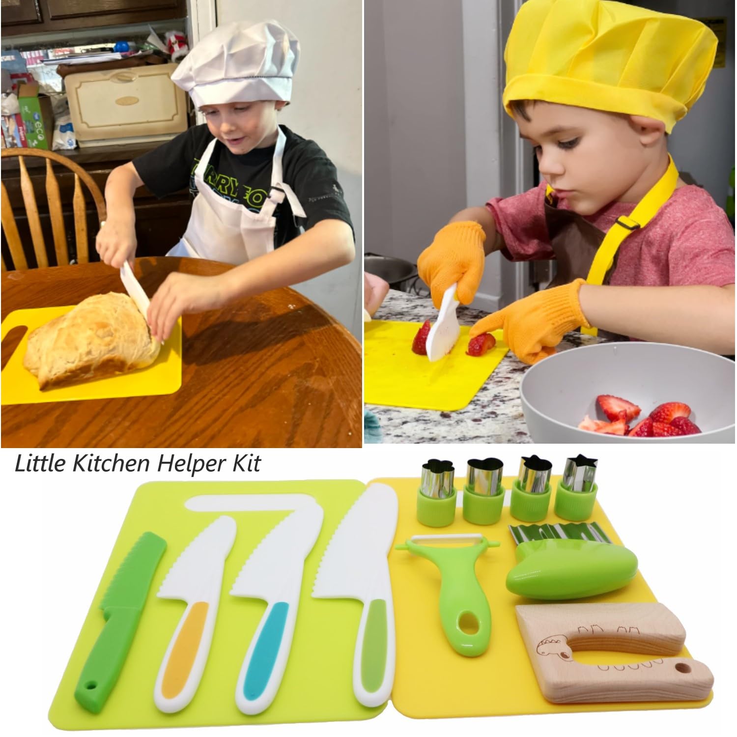 Higoney 13pcs Kitchen Set for Toddlers, Kids Knife Set for Real Cooking,Toddler Safe Knives Set with Cutting Board Fruit Vegetable Crinkle Cutters Serrated Edges Plastic-Kids Kitchen Tools