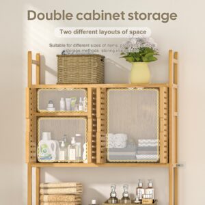 Cozivolife Over The Toilet Storage Cabinet with Toilet Paper Holder Stand,Bamboo Bathroom Organizer Shelf with Four Door and Waterproof Feet Pad,Space Saver Storage Rack with Anti-Tip Design (Natural)