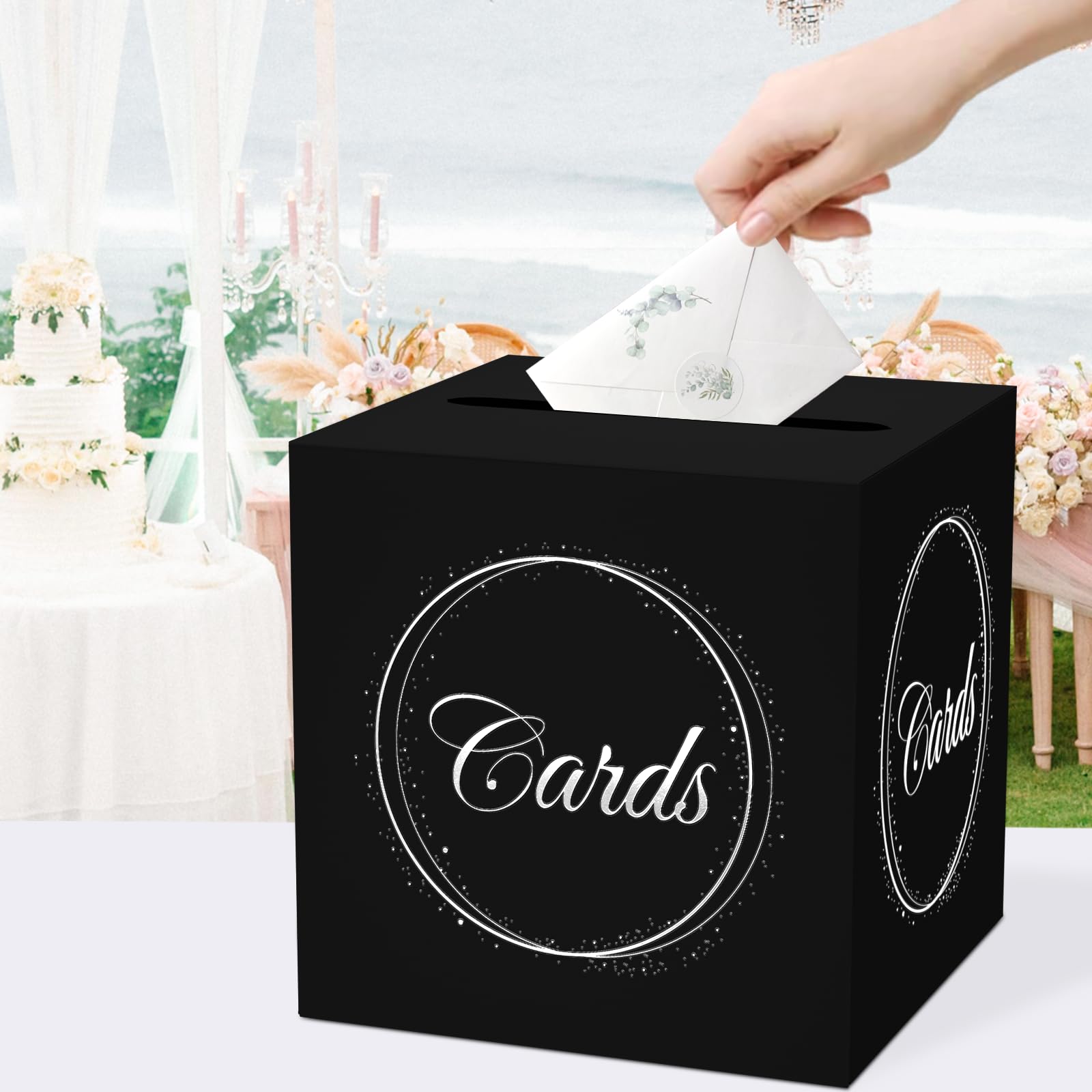 WNINK Black Silver Card Box with Gold Foil Design, Gift Cards Receiving Box for Graduations, Birthdays Party, Wedding Receptions, Bridal & Baby Showers, Retirements, Anniversaries