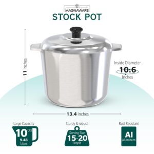 MAGNAWARE 10 Quart Cast Aluminum Stock Pot with Lid - Durable & Lightweight Soup Pot with Even Heat Distribution & Retention - Professional Cookware Stockpot with Silicone Handle Covers