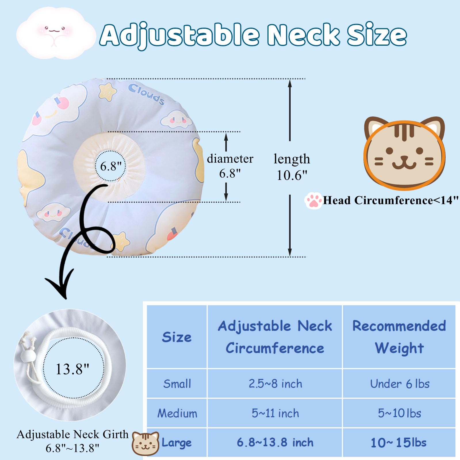 Adjustable Soft Cat Cone Collar Cloud Pattern Cat Cone for Cats Small Dogs Kitten Puppy After Surgery Prevent Licking, Waterproof(Blue,Large)