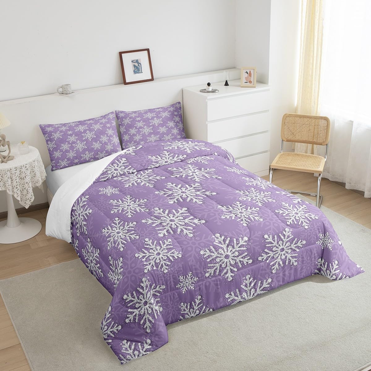 Feelyou Christmas Snowflake Comforter Set King Size Glitter Snowflake Bedding Set for Kids Boys Girls Bedroom Decor Purple Xmas Comforter Women Men Quilt Set with 2 Pillow Case