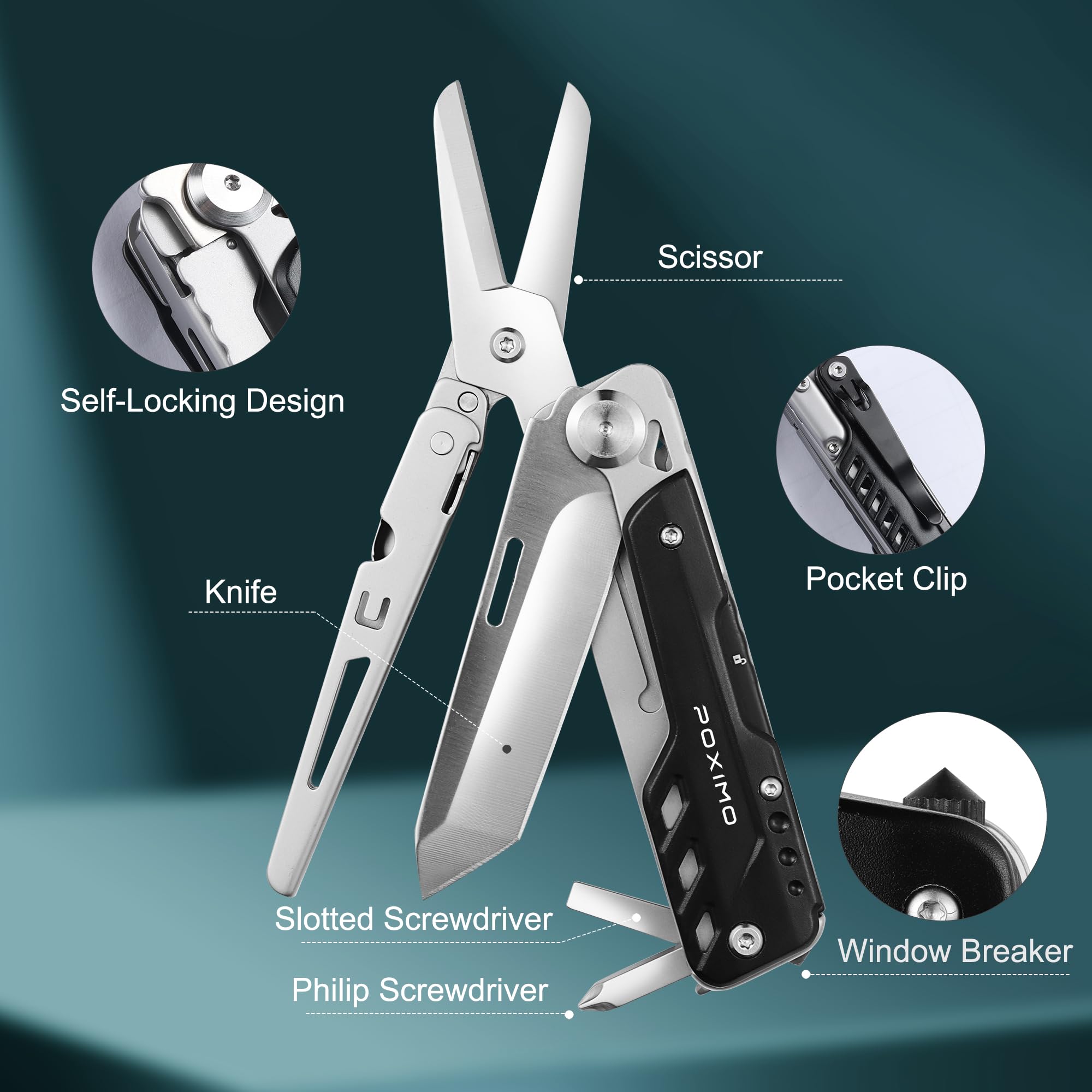 POXIMO Pocket Knife, Gifts for Men Dad Him Heavy Duty Folding Knife, Stocking Stuffers 5-IN-1 Multitool Kits for Father, Tactical Gear for Camping Hiking Surviving, Valentine's Day Christmas Gifts