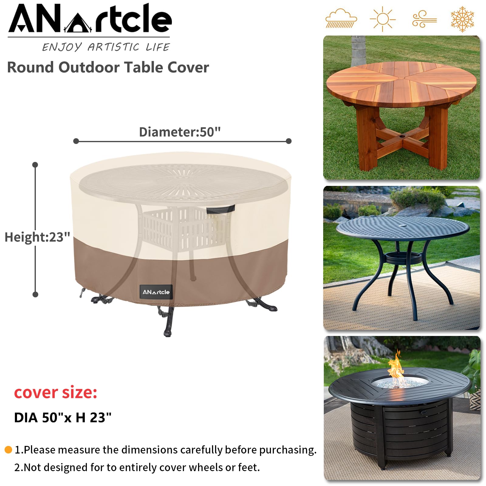 ANartcle Round Patio Table Covers 50inch,100% Waterproof 600D Heavy Duty Round PatioTable Cover,Round Patio Table Covers for Outdoor Furniture,50" Dia x 23" H,Beige&Brown.