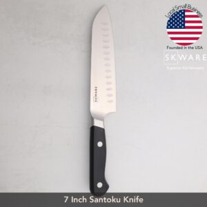 SKWARE 7" Chef Knife - Razor Sharp German Stainless Steel - Japanese Santoku Knife for Dicing, Slicing, Chopping of Meat, Fruit, Vegetables - Black