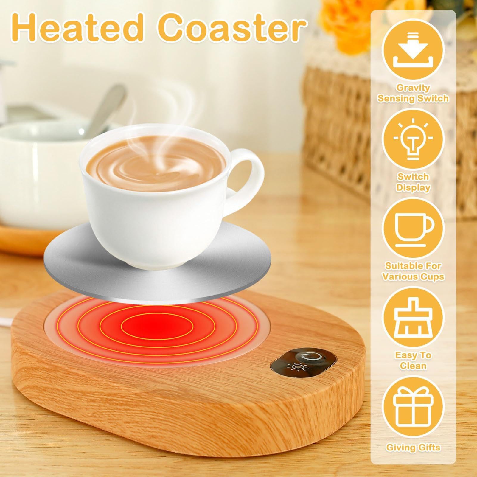 Coffee Mug Warmer, Abs Smart Beverage Cup Warmer, Battery Operated Candle Warmer Plate, 55-65°c Tea Cup Warmer, USB Rechargeable, Wood Style Warmer Plate, Touch Control Coffee Heater for Tea Coffee