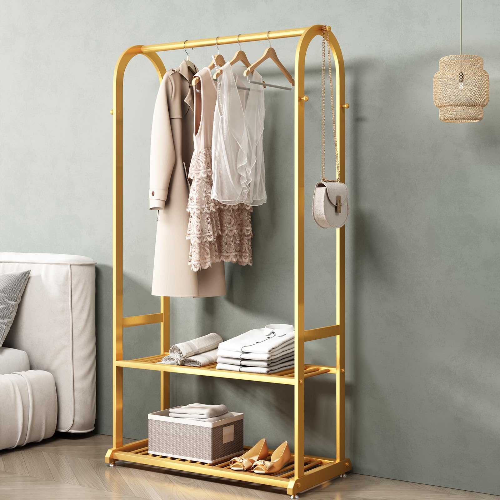 BUZUEY Gold clothing rack,Heavy duty clothes rack,Small clothing racks for hanging clothes,Wardrobe Rack,rack for clothes to hang,garment rack with bottom shelves,hanging racks for clothes(L:31.5in)