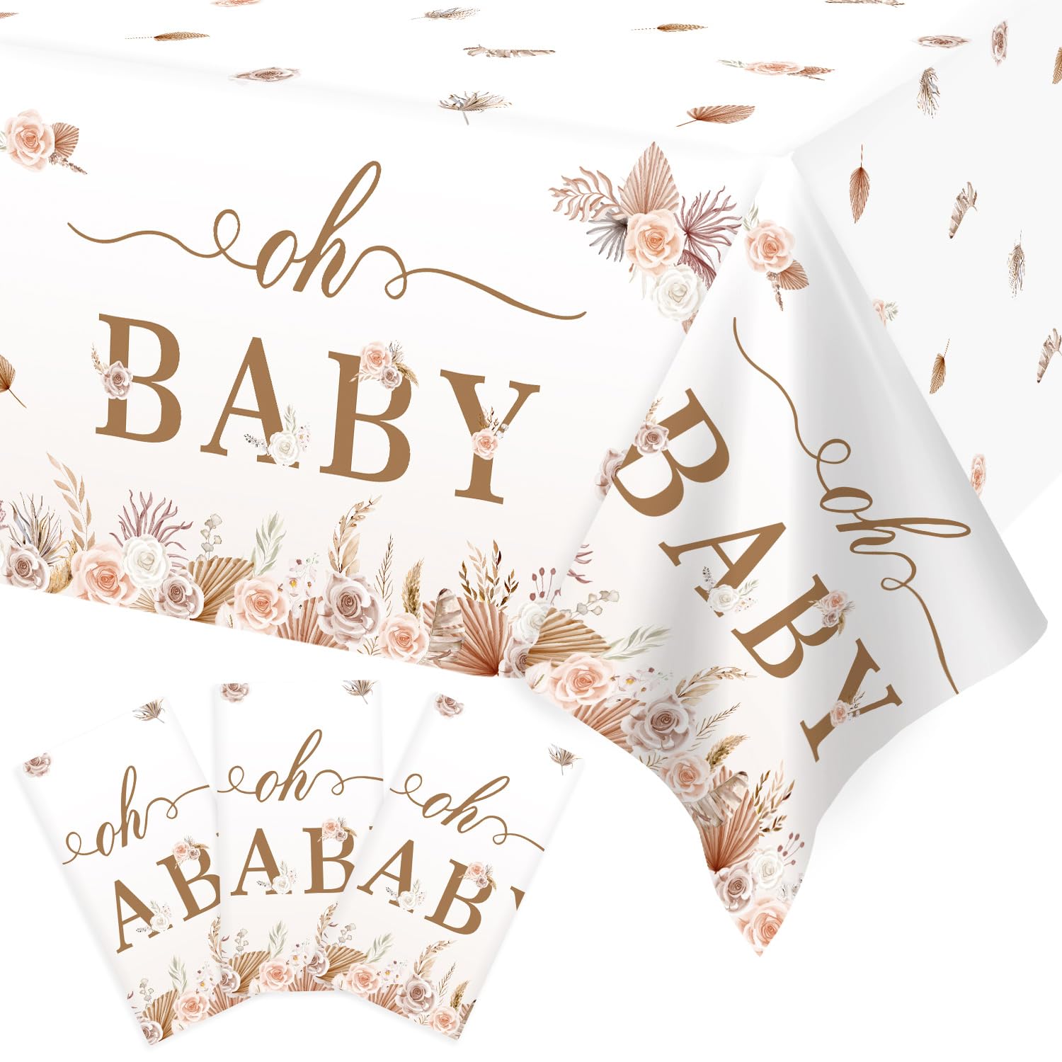 Lopeastar 3Pcs Boho Baby Shower Decorations Tablecloths, Bohemian Pampas Grass Floral Oh Baby Table Cloths, 58 x 108 Inch Large Rectangular Boho Table Covers Party Supplies for Girls Kids