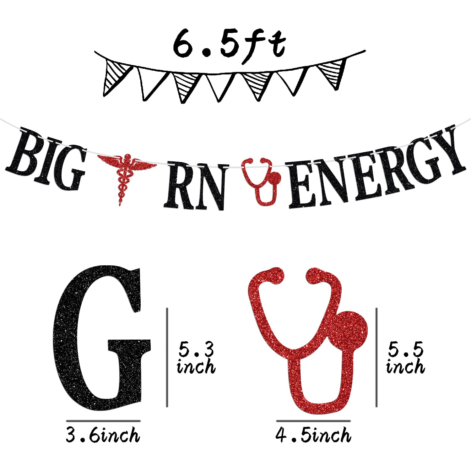 Big RN Energy Banner, Congrats Nurse Bunting Sign, Class of 2024 Nursing School Survivor Graduation Party Decoration Supplies, Black and Red Glitter