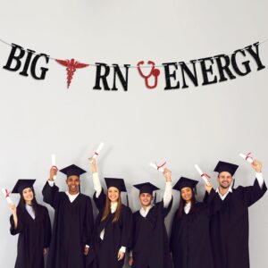 Big RN Energy Banner, Congrats Nurse Bunting Sign, Class of 2024 Nursing School Survivor Graduation Party Decoration Supplies, Black and Red Glitter