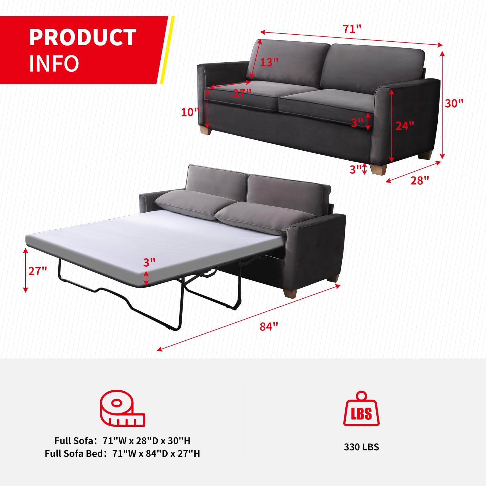 PUREMIND Sleeper Sofa Couch with Pullout Bed, Velvet Full Size Pull Out Sofa Bed with Folding Foam Mattress, 2-in-1 Pull Out Couch Bed Sleeper Loveseat Pull Out Bed for Living Room, Small Spaces