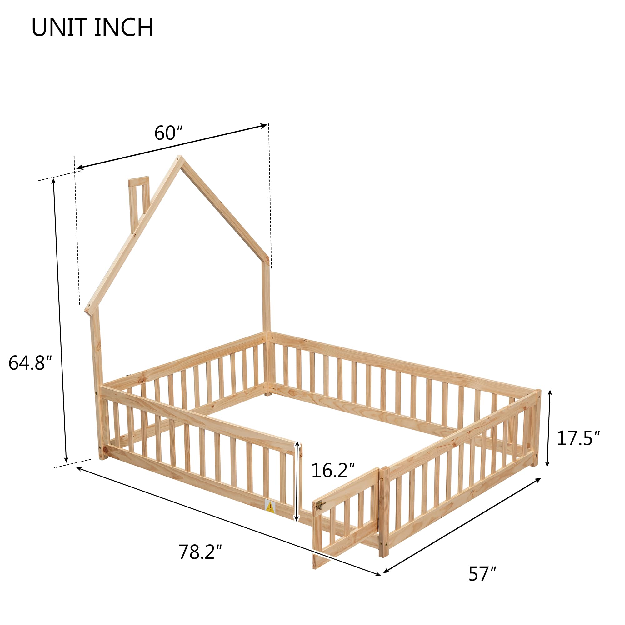 LostCat Full Size Floor Bed Frame with Fence & Door, Montessori Floor Bed with House-Shaped Headboard, Floor Bed for Kids Boys Girls, Easy Assembly, Natural