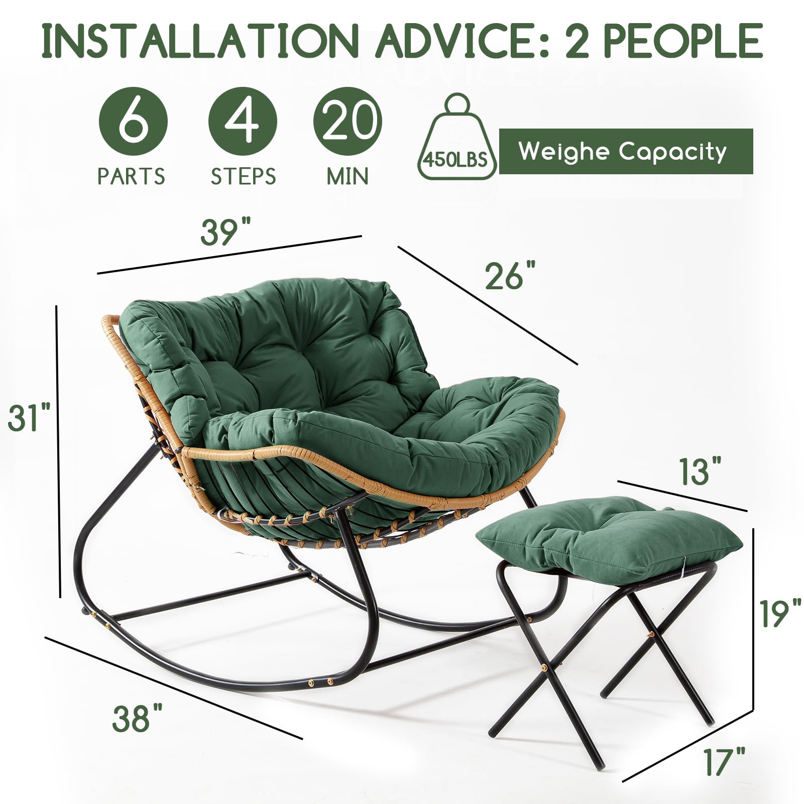 HIGOGOGO Giant Patio Rocking Chair, Indoor Outdoor Egg Freestyle Papasan Chair with Cushion and Frame, Comfortable Leisure Lounge Chair for Living Room, Bedroom, Porch, Garden, Green