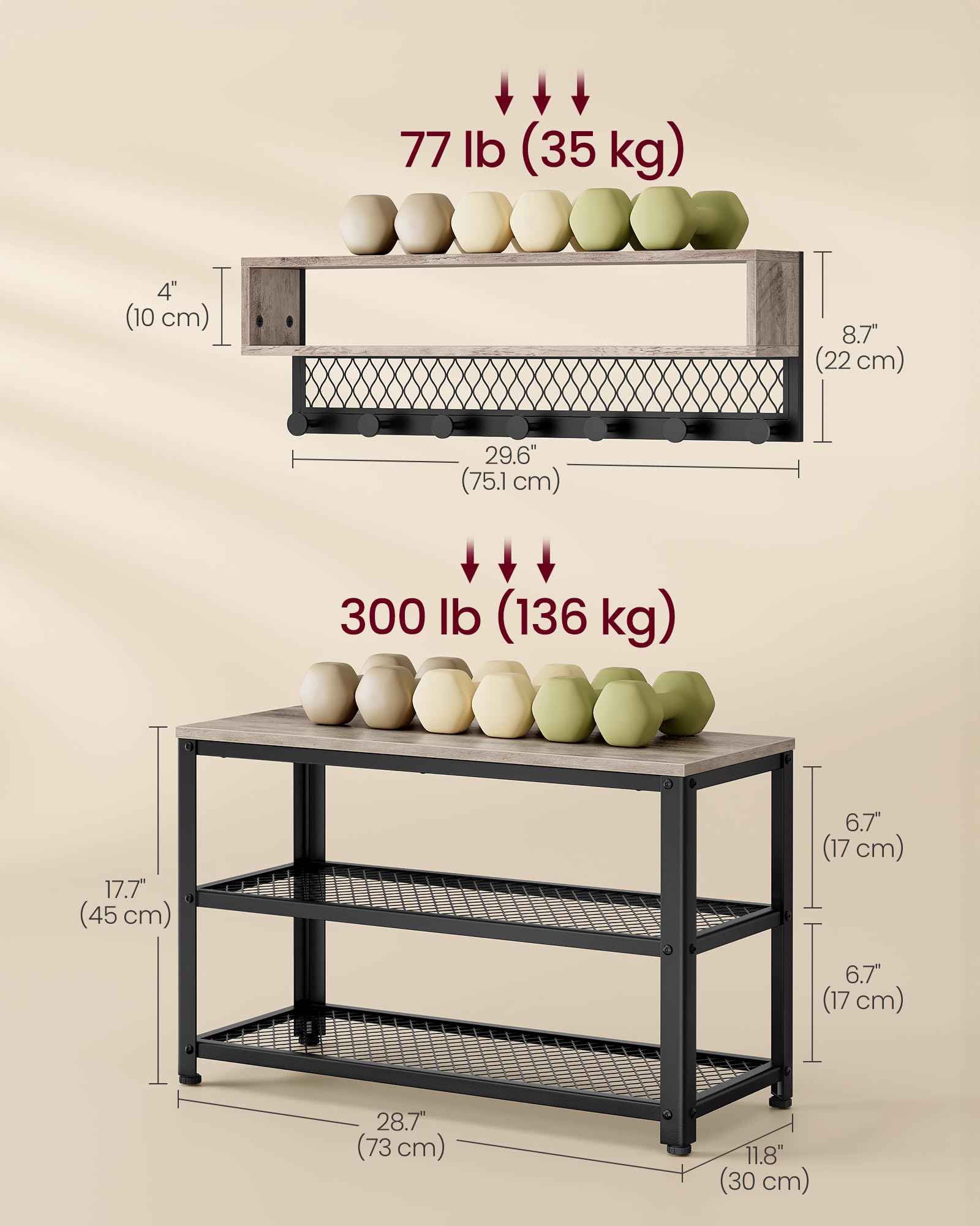 VASAGLE Coat Rack Shoe Bench Set, Hall Tree with Bench, Entryway Furniture, Multifunctional, Dot Coat Hooks, 2-Tier Shoe Rack, Industrial Style, for Entryway, Hallway, Heather Greige ULCR073K02