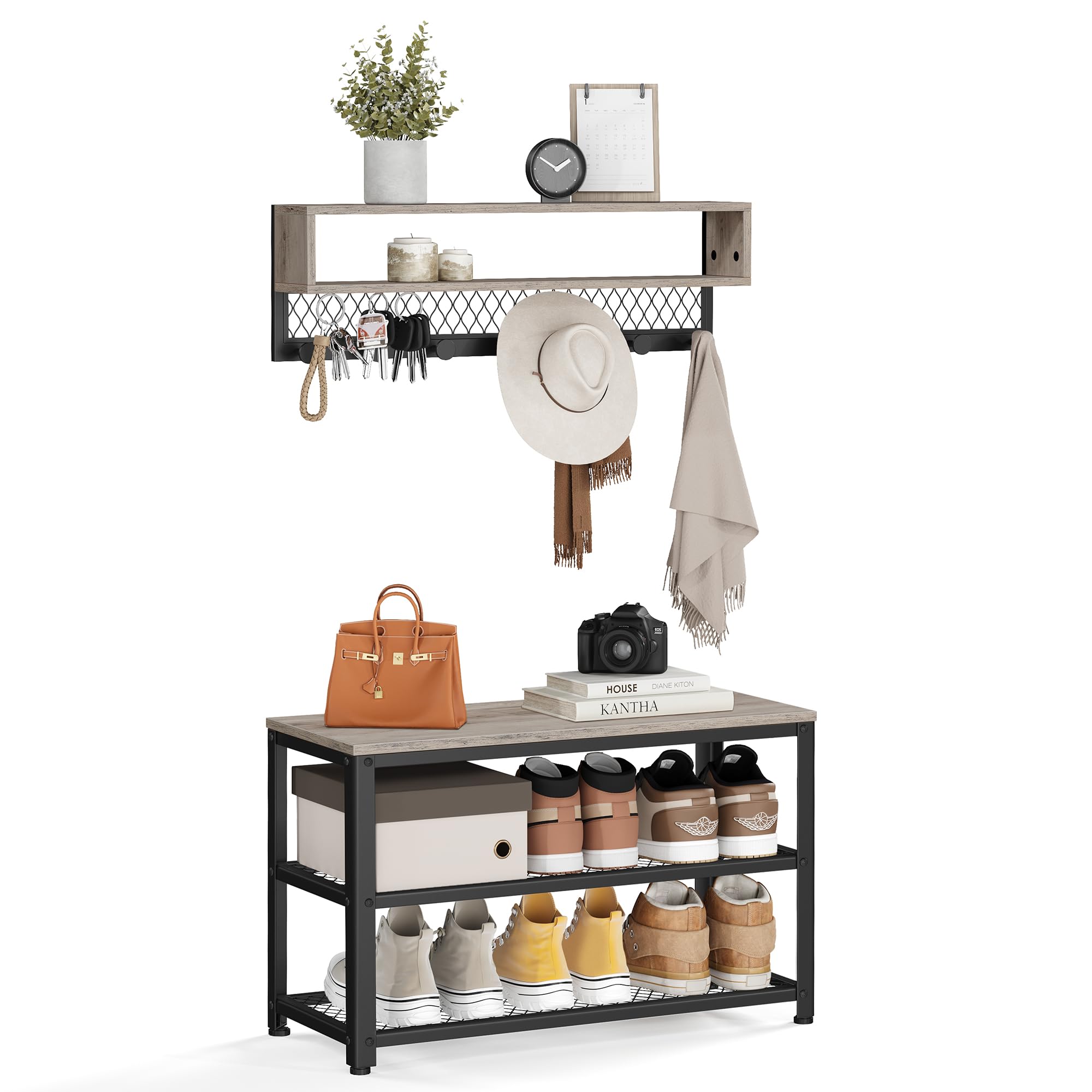 VASAGLE Coat Rack Shoe Bench Set, Hall Tree with Bench, Entryway Furniture, Multifunctional, Dot Coat Hooks, 2-Tier Shoe Rack, Industrial Style, for Entryway, Hallway, Heather Greige ULCR073K02