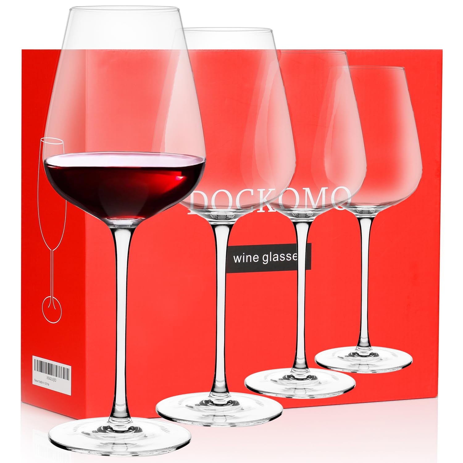 DOCKOMO Red Wine Glasses Set of 4, Hand Blown Crystal Bordeaux Lead-Free Clear Glass, Wedding, Anniversary, Birthday, Christmas Gift, 18 Ounce