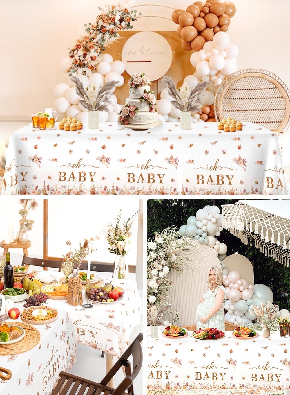 Lopeastar 3Pcs Boho Baby Shower Decorations Tablecloths, Bohemian Pampas Grass Floral Oh Baby Table Cloths, 58 x 108 Inch Large Rectangular Boho Table Covers Party Supplies for Girls Kids