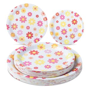 AimFun 48 Pcs Groovy Party Plates Retro Daisy Paper Plates Hippie Boho Flower Round Disposable Plates for 60s 70s Party Decorations Birthday Baby Shower Wedding Bridal Tableware