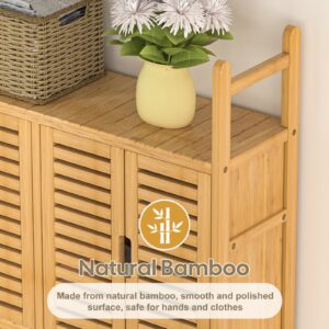 Cozivolife Over The Toilet Storage Cabinet with Toilet Paper Holder Stand,Bamboo Bathroom Organizer Shelf with Four Door and Waterproof Feet Pad,Space Saver Storage Rack with Anti-Tip Design (Natural)