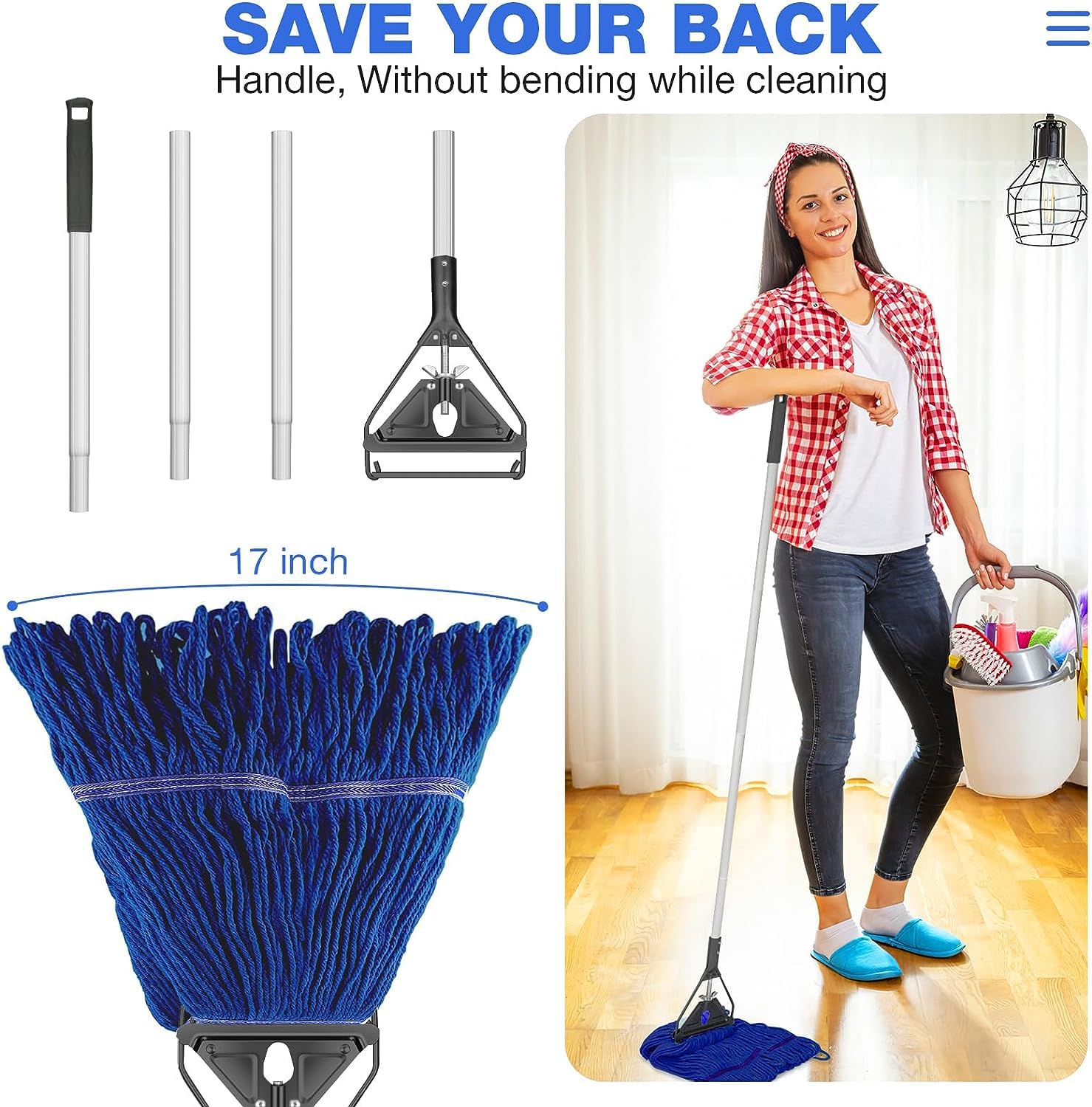 Heavy Duty Commercial Cotton Mop for Floor Cleaning, Looped-End Industrial String Wet Mop with Long Handle for Home,Garage,Office, Workshop, Warehouse-SOBONNE