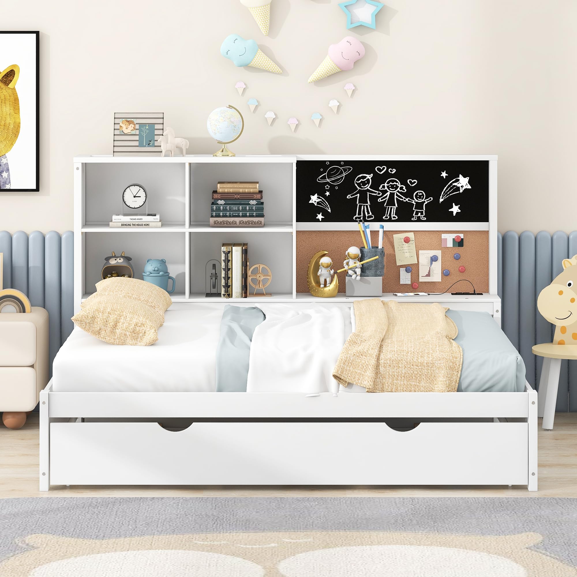 Favfurish Teddy Fleece Twin Size Upholstered Daybed with Carton Ears Shaped Headboard for Kids Bedroom,Wood Low Floor Platform Bed,Super Save Space/Easy Assembly/No Box Spring Needed,White