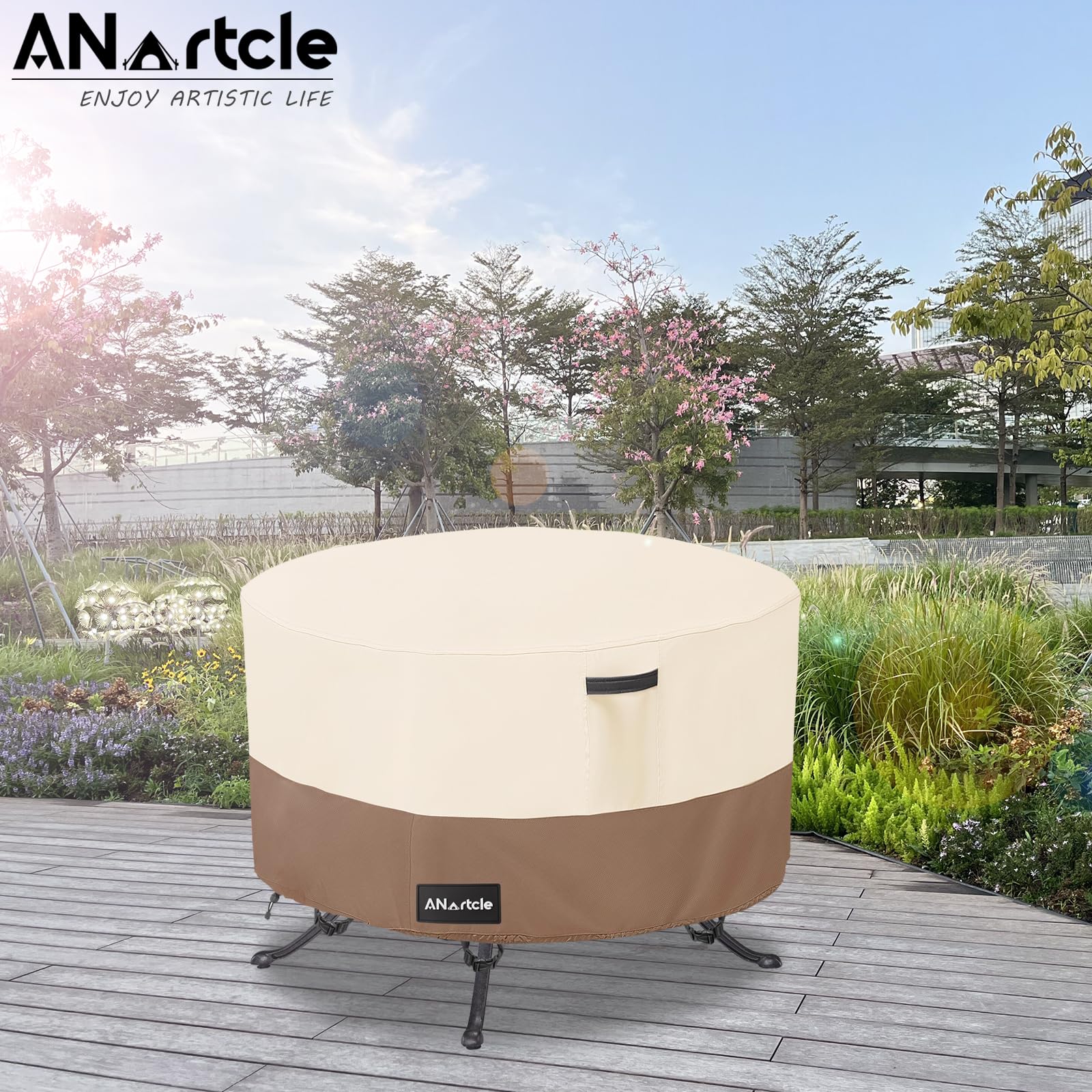 ANartcle Round Patio Table Covers 50inch,100% Waterproof 600D Heavy Duty Round PatioTable Cover,Round Patio Table Covers for Outdoor Furniture,50" Dia x 23" H,Beige&Brown.