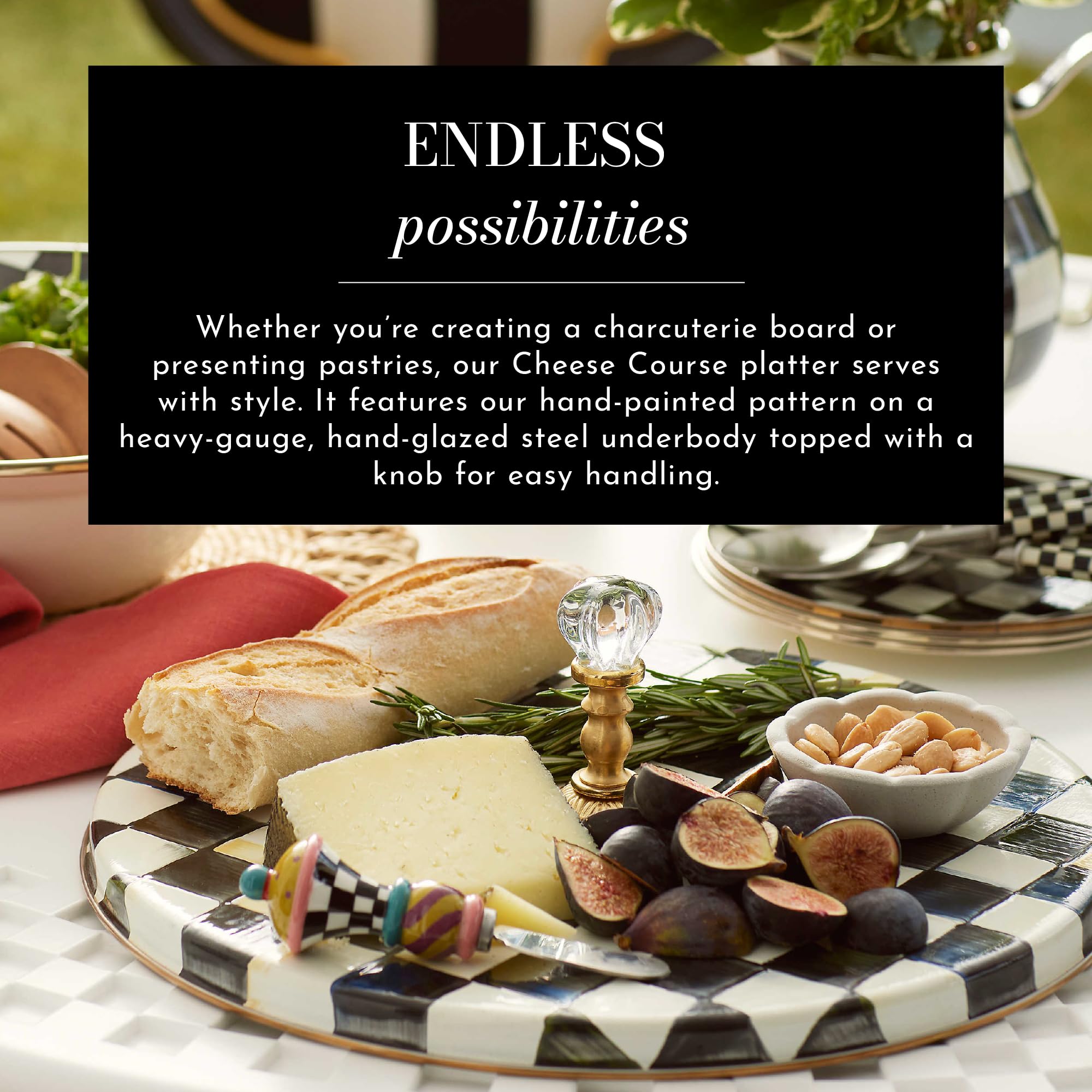 MACKENZIE-CHILDS Cheese Course, Cute Cheese Board and Serving Board for Charcuterie, Black-and-White Courtly Check