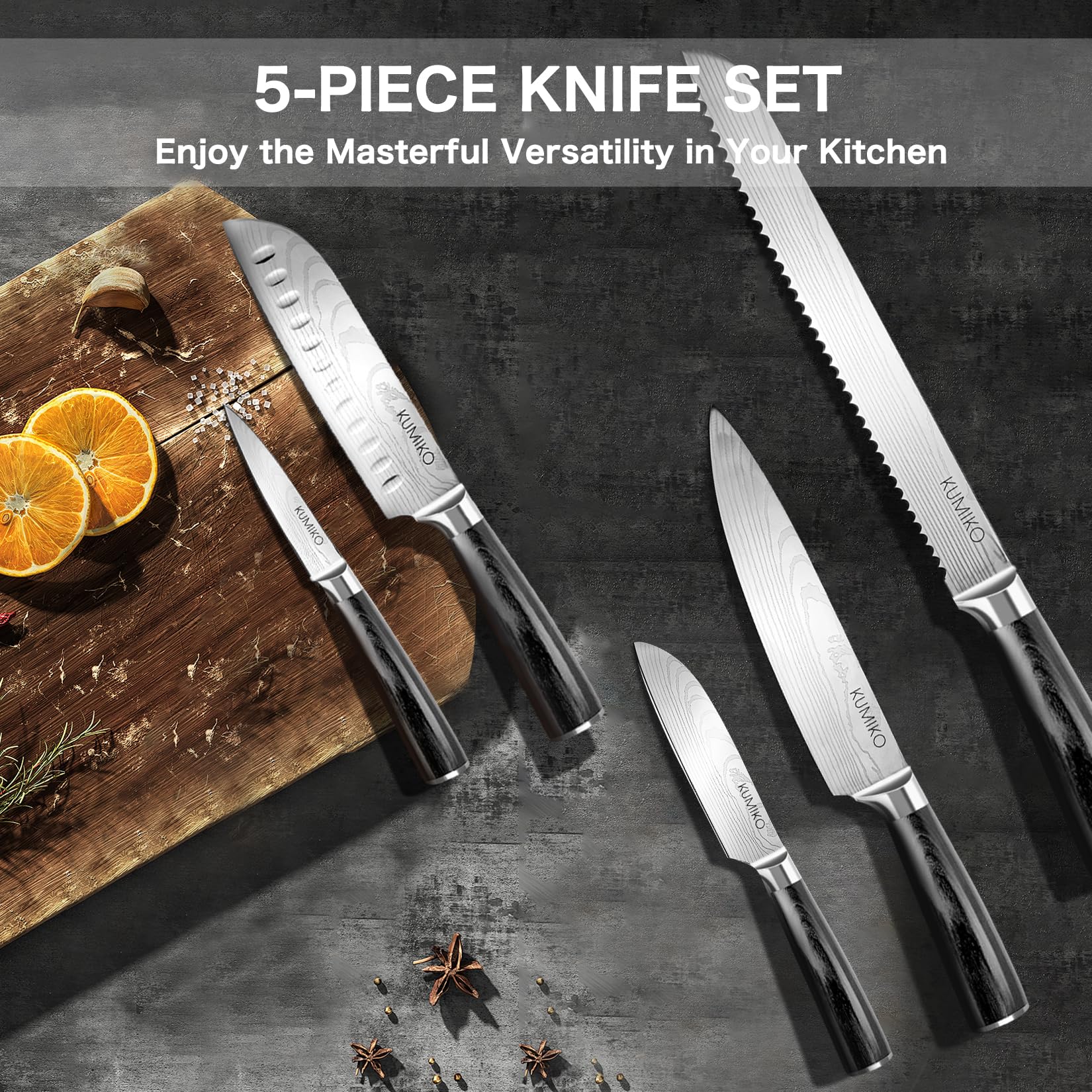 KUMIKO Kitchen Knife Set Black, Cooking Knife Set Professional, Ultra Sharp High Carbon Stainless Steel Knives (7Cr17MOV), 5 Piece Knife Set