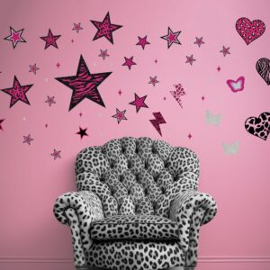 TwoDays 100PCS Y2K Room Decor Aesthetic Wall Decal, 2000s Mcbling Vinyl Peel and Stick Stickers for College Teen Girls Bedroom, Pink Stars Trashy Y2k Decorations for Women Apartment.