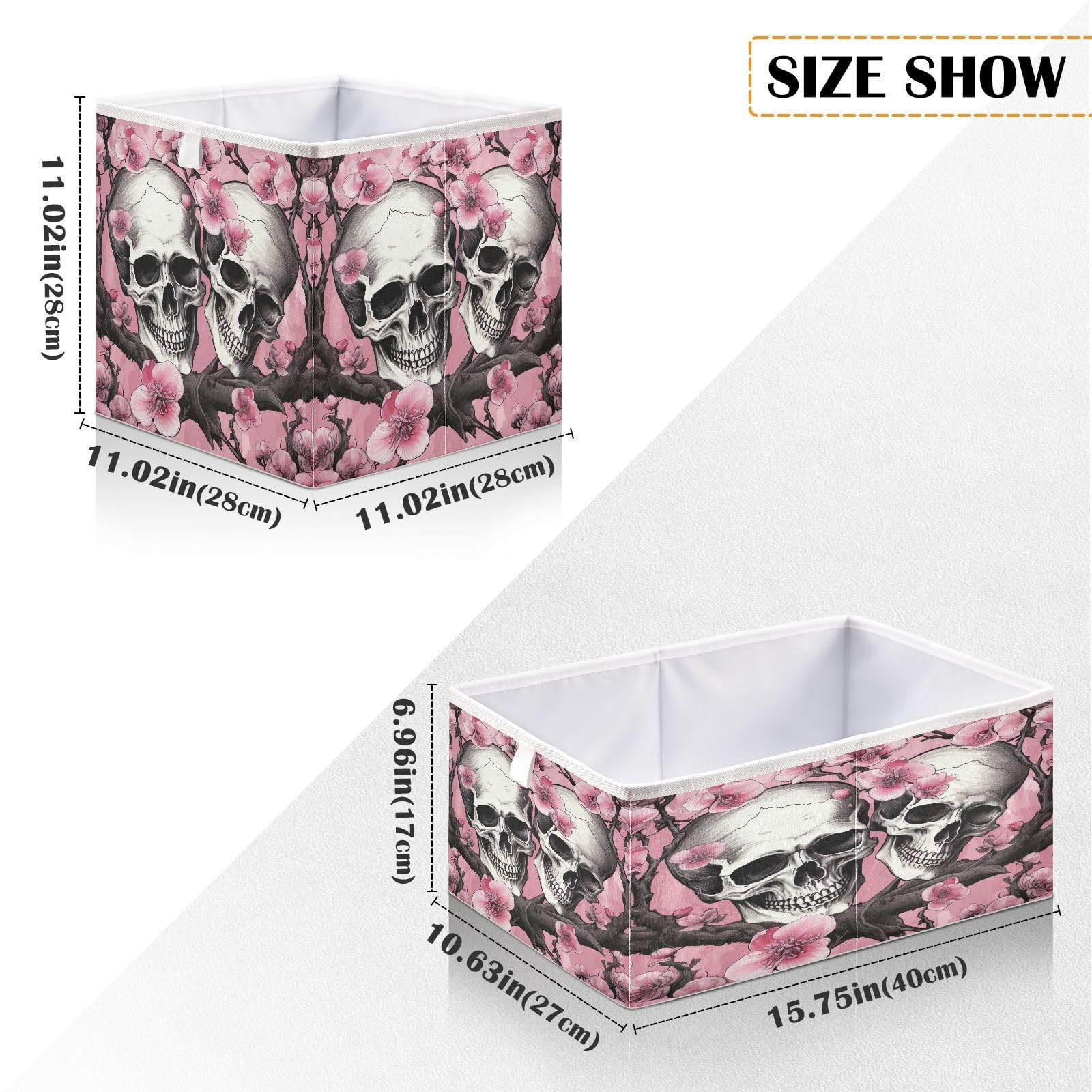 xigua Skull and Flowers Storage Basket Cubes 11In ,Foldable Fabric Bins Shelves Toy Storage Box Closet Organizers for Nursery,Utility Room, Storage Room656