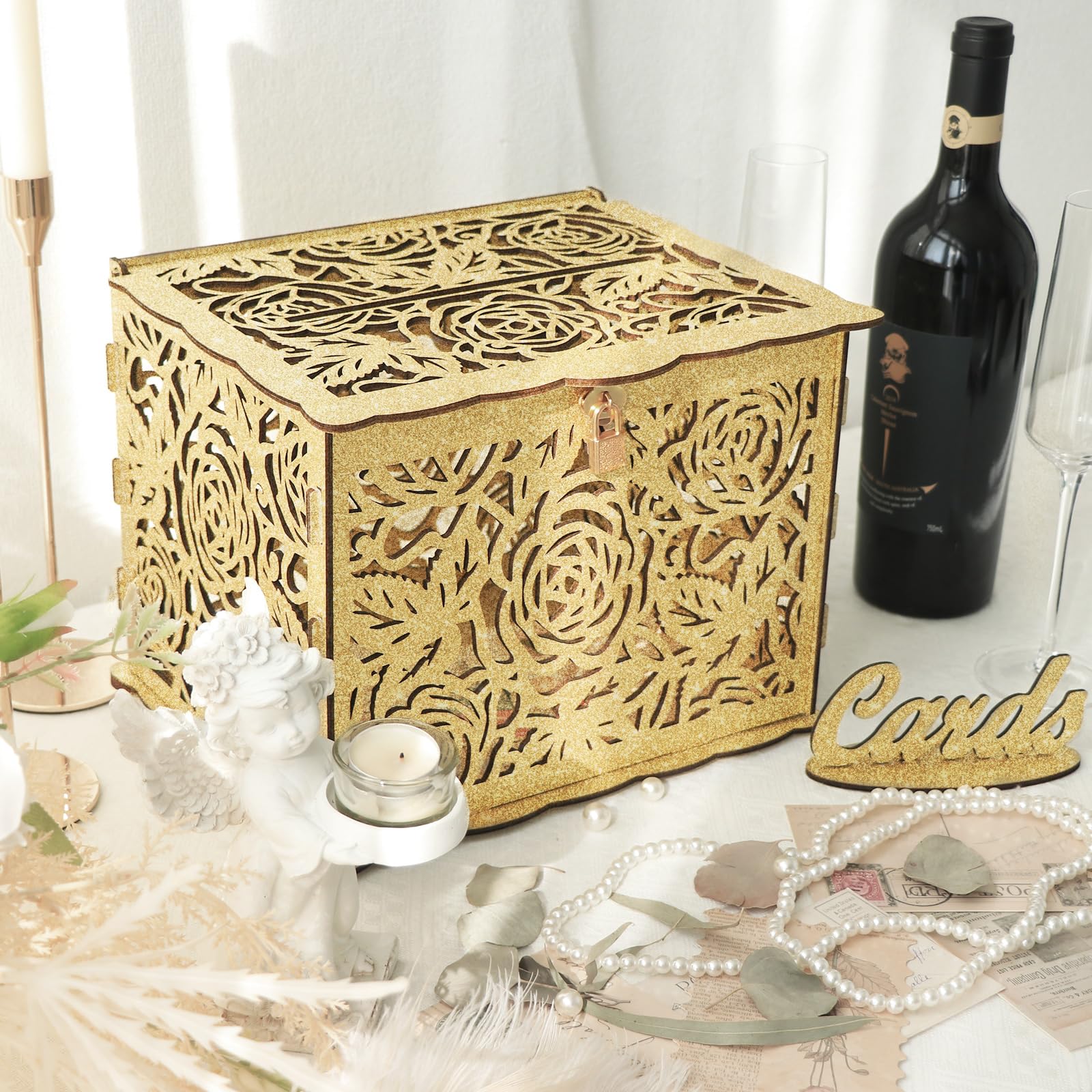 OurWarm Glittery Gold Wedding Card Box with Lock, Wood Gift Card Box for Wedding Reception, Wedding Money Honeymoon Fund Card Boxes for Baby Shower Birthday Graduation Party Rustic Wedding Decorations