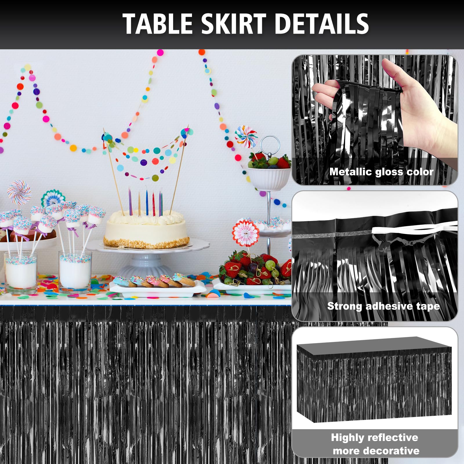 Bouiexye 2 Pack 29.5x108 Inch Black Foil Tinsel Fringe Table Skirts, Disposable Table Skirts for Rectangle Tables Curtains Backdrop Parade Wedding Floats Baby Shower Birthday Mardi Gras Party