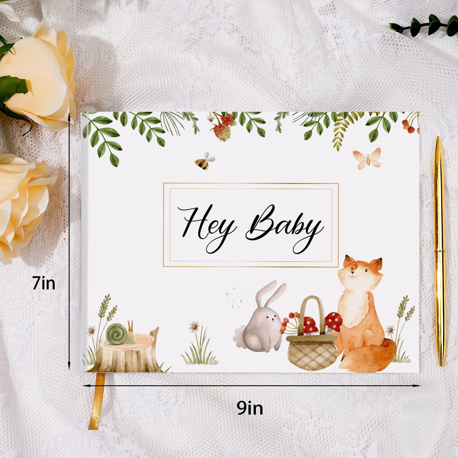 Baby Shower Guest Book for Boy or Girl, Hardcover Woodland Baby Shower Sign in Guest Book with Gold Pen, Gender Neutral Baby Shower Memory Book for New Parents and Expecting Mothers(7" x 9")