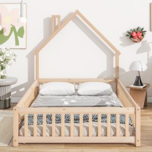 LostCat Full Size Floor Bed Frame with Fence & Door, Montessori Floor Bed with House-Shaped Headboard, Floor Bed for Kids Boys Girls, Easy Assembly, Natural