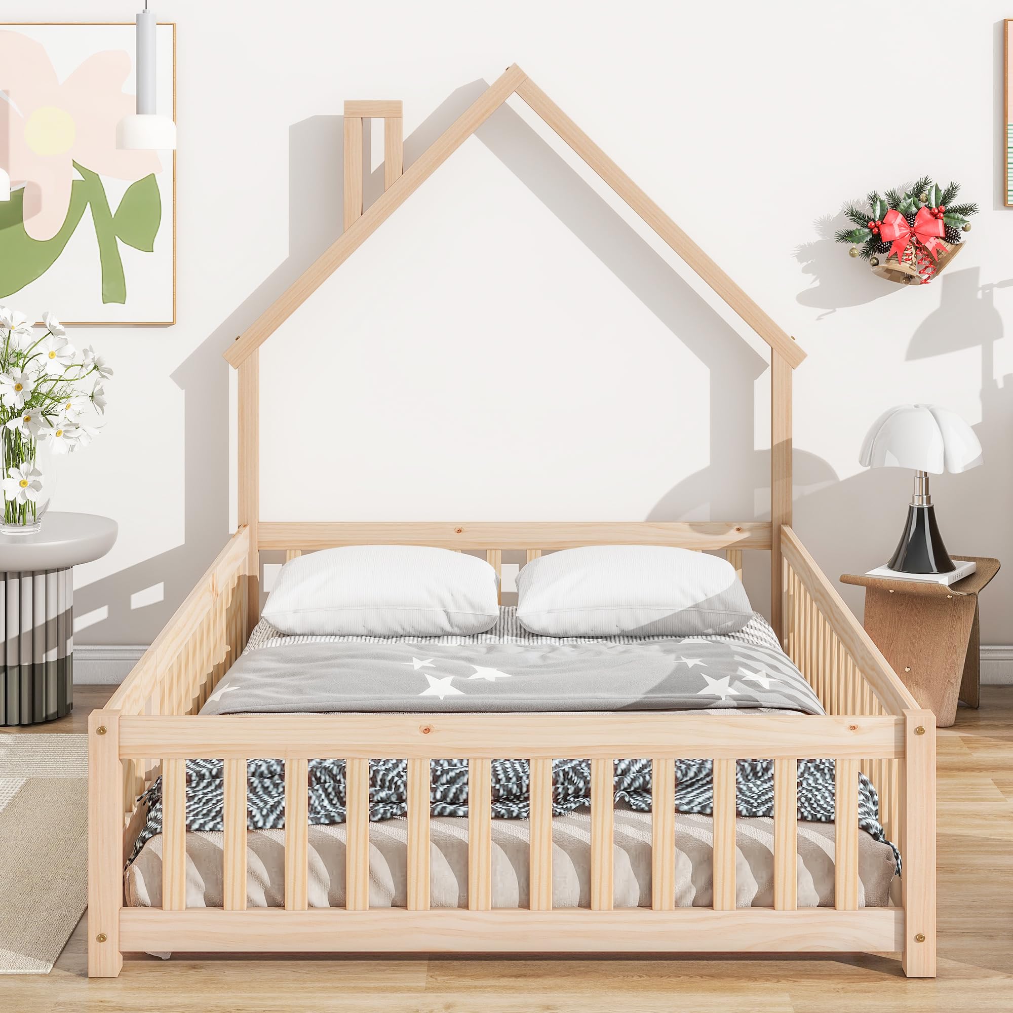 LostCat Full Size Floor Bed Frame with Fence & Door, Montessori Floor Bed with House-Shaped Headboard, Floor Bed for Kids Boys Girls, Easy Assembly, Natural