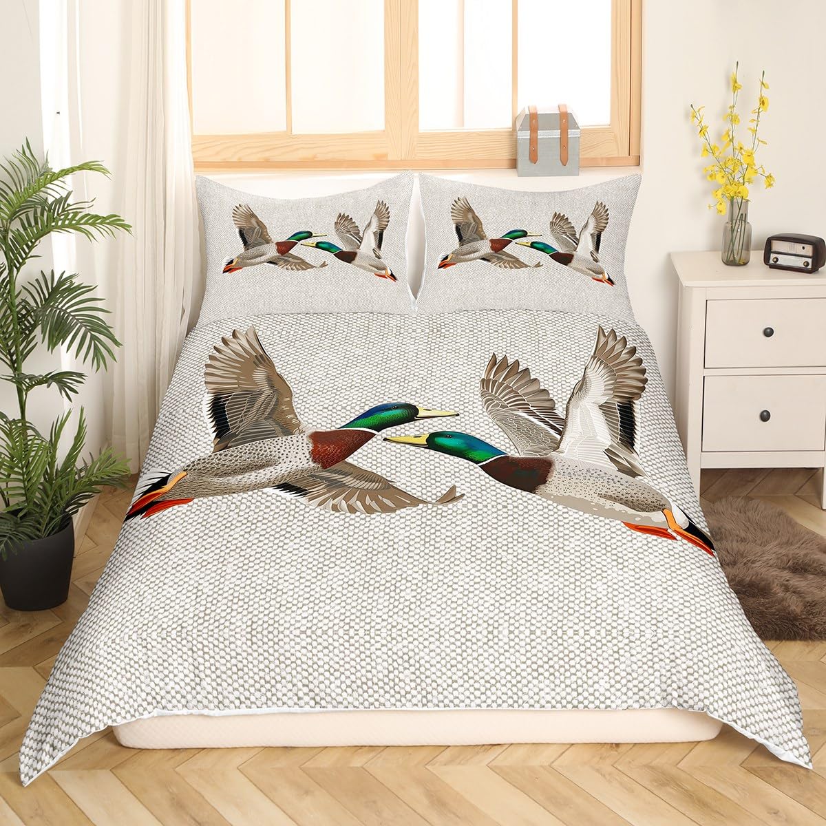 Mallard Duck Bedding Set Queen Wild Animal Comforter Cover, Grey Honeycomb Bed Set Lake Wildlife Duvet Cover, Modern Geometric Hexagon Bedspread Cover Hunting Theme Home Decor 3pcs (Zipper Closure)