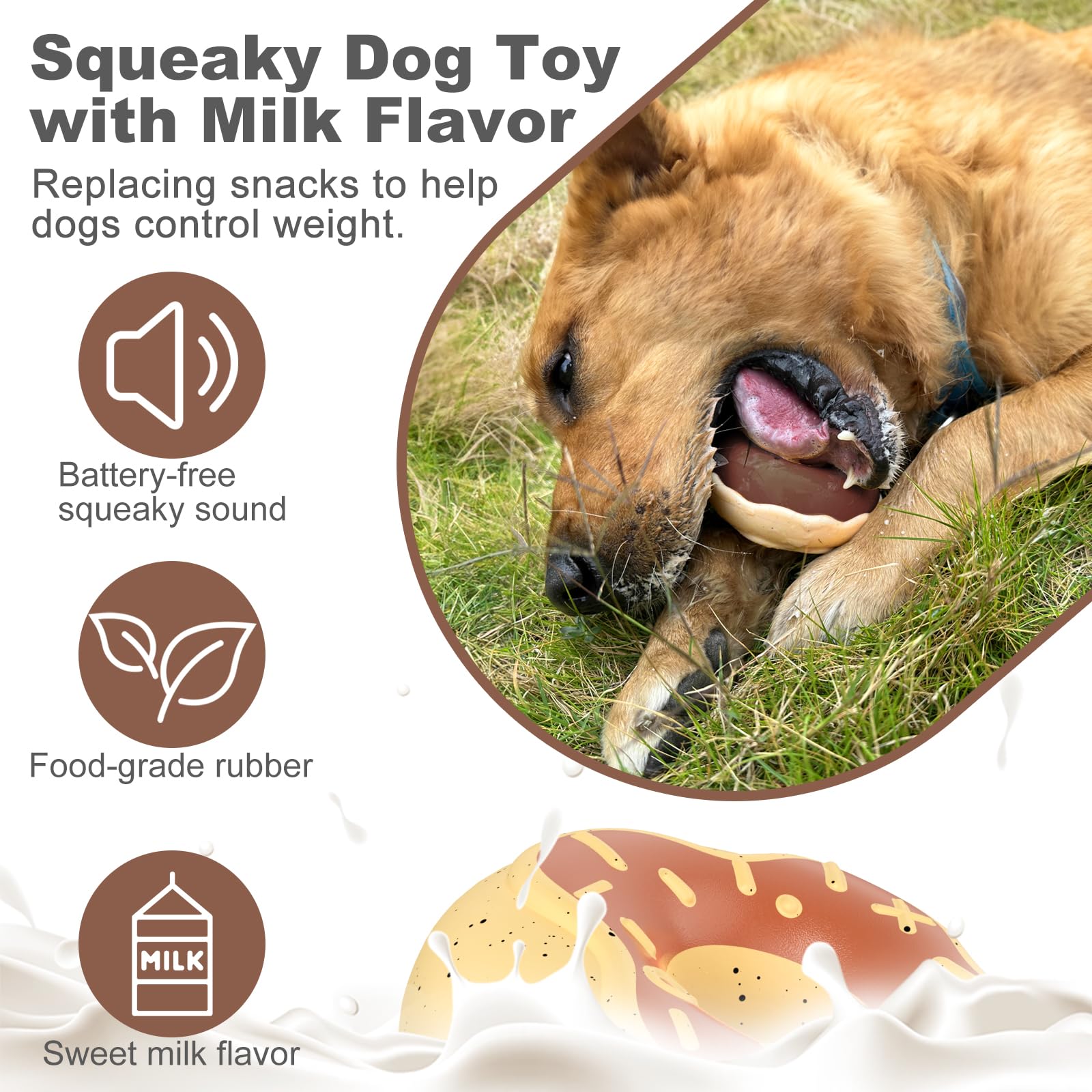 MITAIKO Indestructible Dog Toys for Aggressive Chewers, Interactive Squeaky Chew Toy for Senior Dog & Puppy Teething, Durable but Soft Food-Grade Rubber Donut Toy for Small Medium Large Dogs, Brown