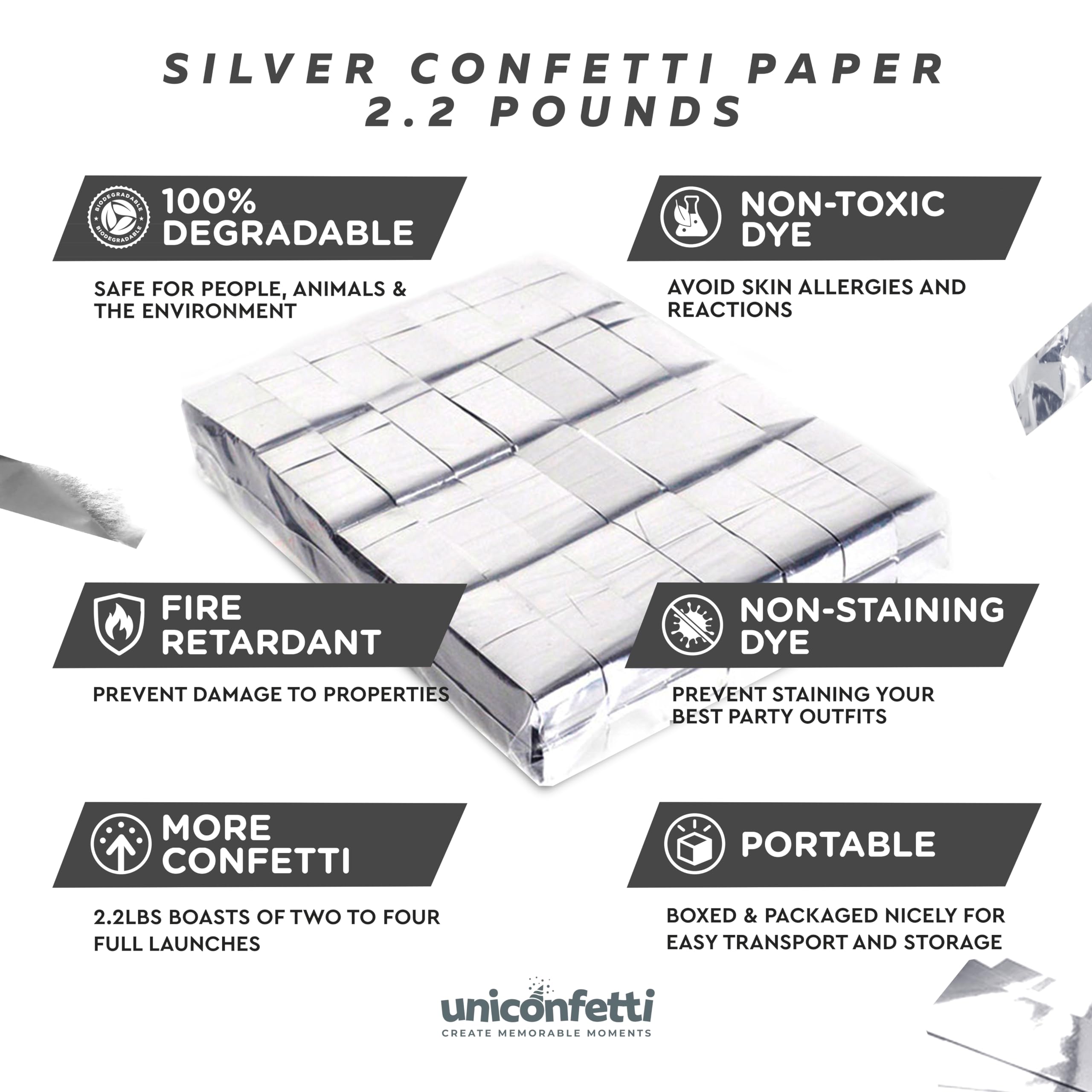 Silver Confetti Paper - BULK 2.2lbs | 1kg, Biodegradable Tissue Paper, Rainbow Light Weight, Non-Staining Paper, for Events, Crafts, Decorations (SILVER Confetti Paper 2lbs Biodegradable)