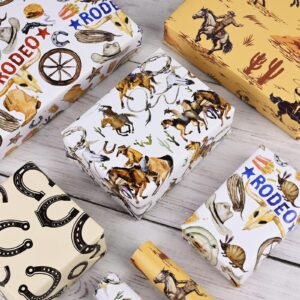 12 Sheets 28 * 20 Inches Western Wrapping Paper Watercolor Cowboy Wild West Desert Cactus Rodeo Gift Wrap Paper for Birthday Baby Shower Horse Racing Party DIY Craft