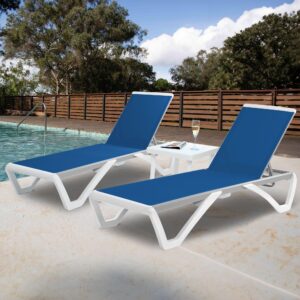 Kozyard Patio Chaise Lounge Chair - Full Flat Alumium & Resin Legs, Outdoor Reclining Adjustable Chair for Sunbathing, Beach, Patio, Lounge Set or Patio Table (2 Blue Textilence W/Table)