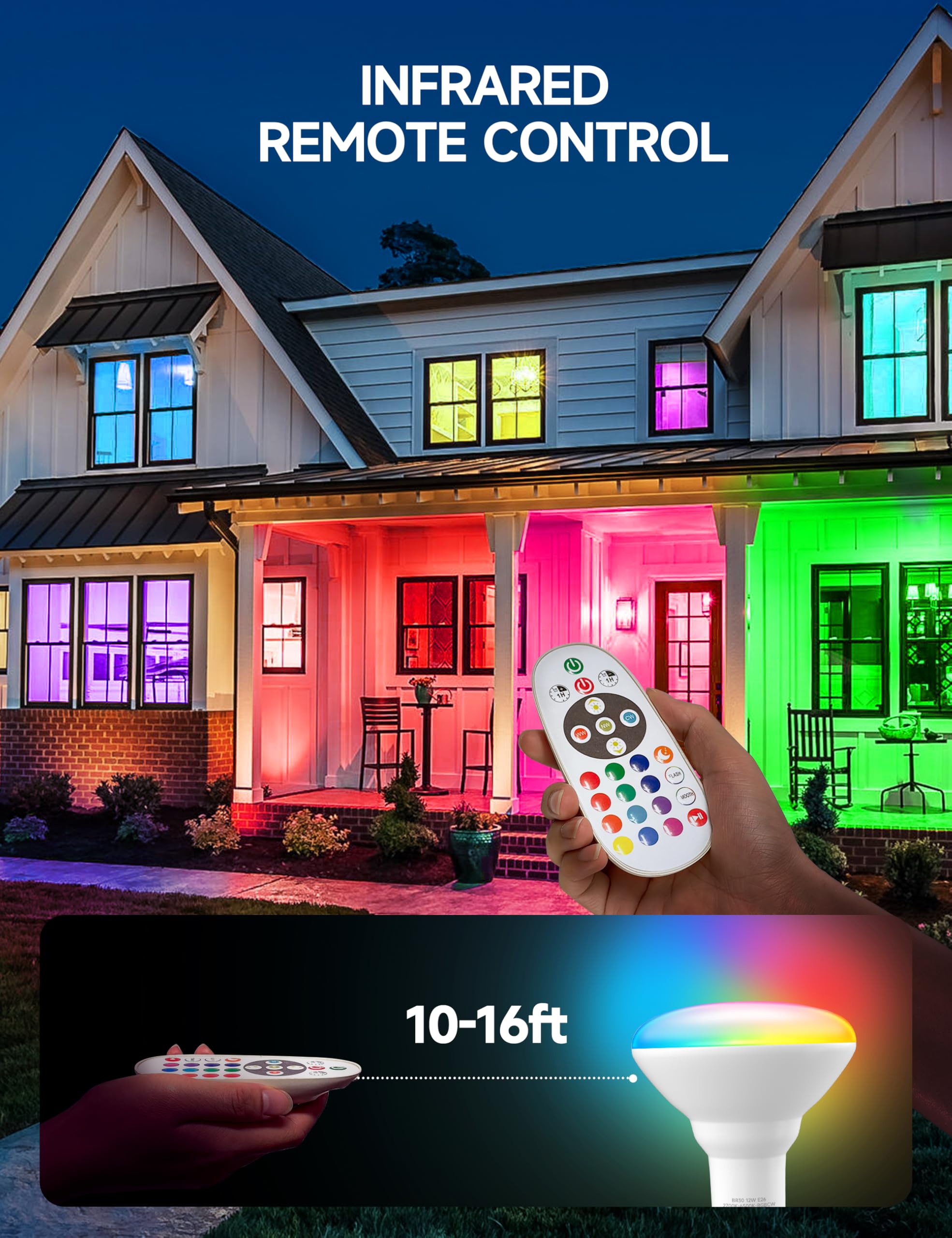 UNILAMP BR30 Color Changing Light Bulb, LED Flood Lights 12W Dimmable, 100W Equivalent, RGB+2700K+4000K+6500K, Remote Control, 1050LM, E26 Multi-Color Can Light Bulbs for Ceiling, 2 Pack