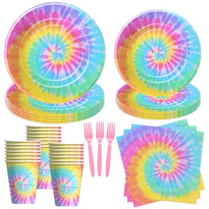 xenorik tie dye plates and napkins party supplies - pastel tie dye party decorations tableware for girl's 1st 2nd 3rd birthday, plate, cup, napkin, fork, tie dye baby shower decorations | serve 24